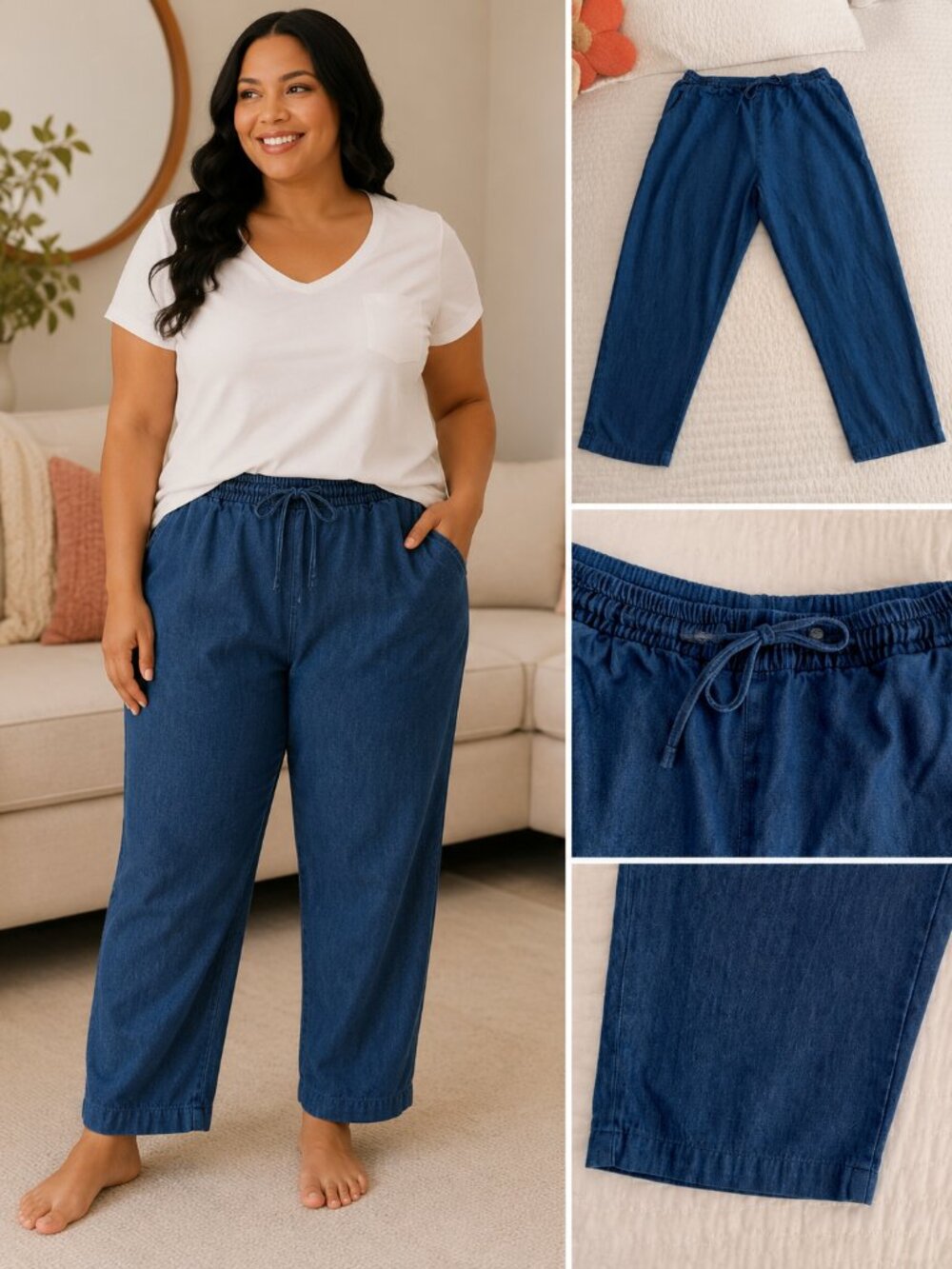 Argee Pull-On Chambray Wide-Leg Pants | Drawstring Denim Look | Plus Size 3X